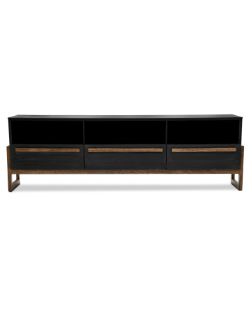 Mesa de TV Horizonte de 3 Cajones – Negro Ébano con Base de Madera Nogal (Hasta 75")