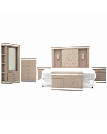 Recámara Completa King Size Coral de 6 Piezas – Color Roble Claro con Capitonado