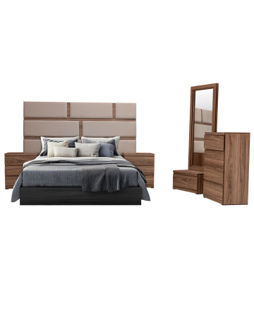 Recámara Loreto KS de 5 Piezas – Madera Nogal con Cabecera Tapizada (King Size).