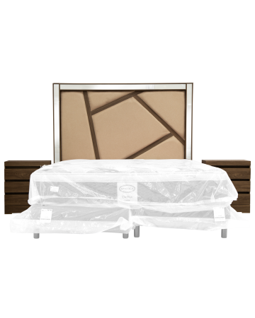 Recámara Completa King Size Estambul con Cabecera Geométrica – Color Nogal con Tapicería Arena