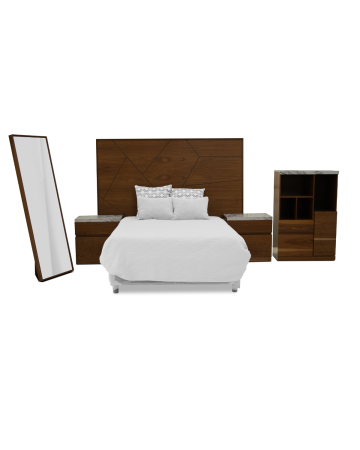 Recámara King Size Huxley de 5 Piezas – Color Nogal con Detalles de Mármol