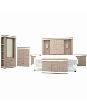Recámara Completa King Size Coral de 6 Piezas – Color Roble Claro con Capitonado